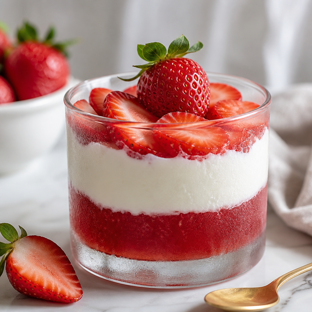 Postre casero de nata y fresas con gelatina bovina preparada como receta RAIAN