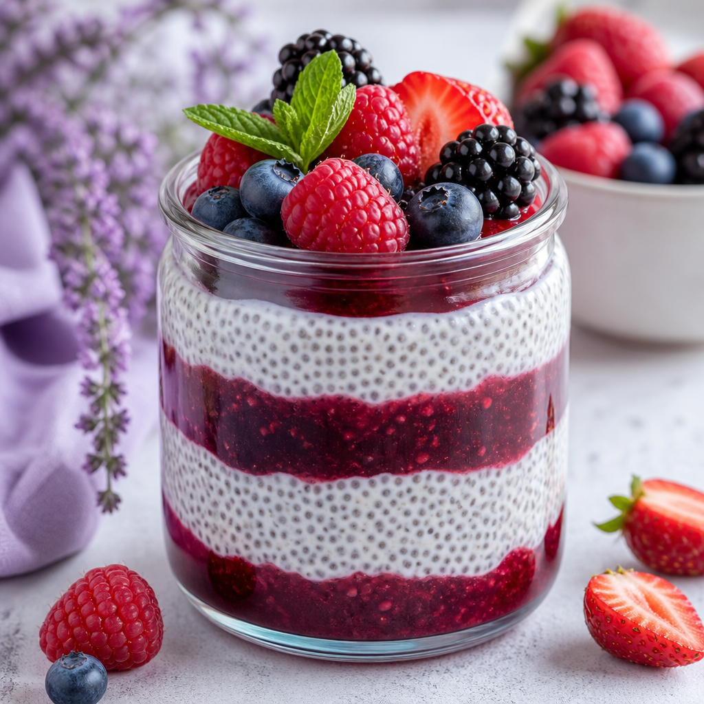 Pudding fitness de chía con gelatina de frutos rojos preparada como receta RAIAN