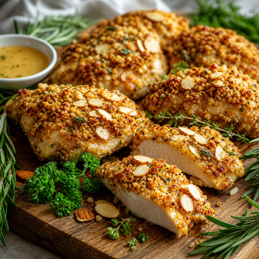 Rebozado crujiente de harina de almendra para pollo al horno preparada como receta RAIAN