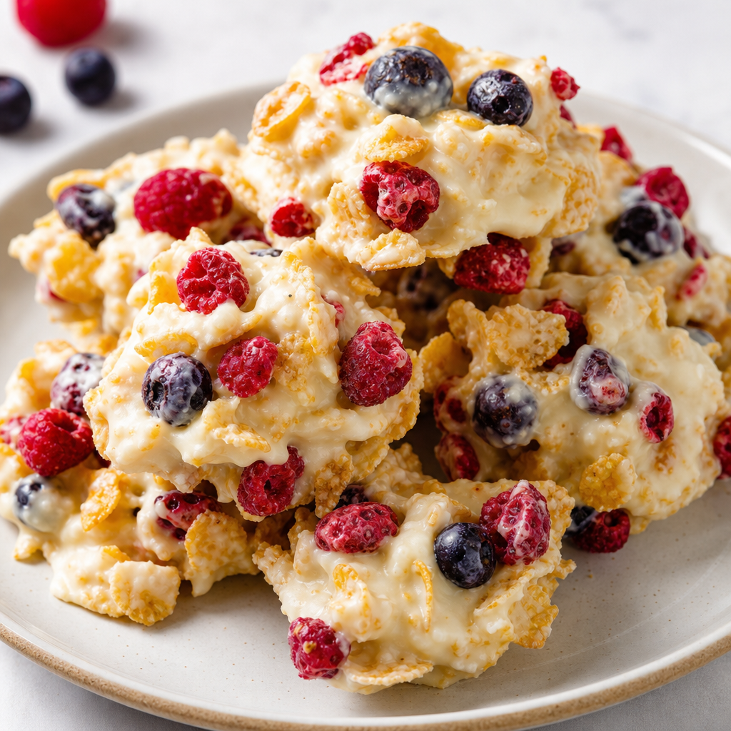 Rocas blancas de cereales y frutos rojos preparada como receta RAIAN