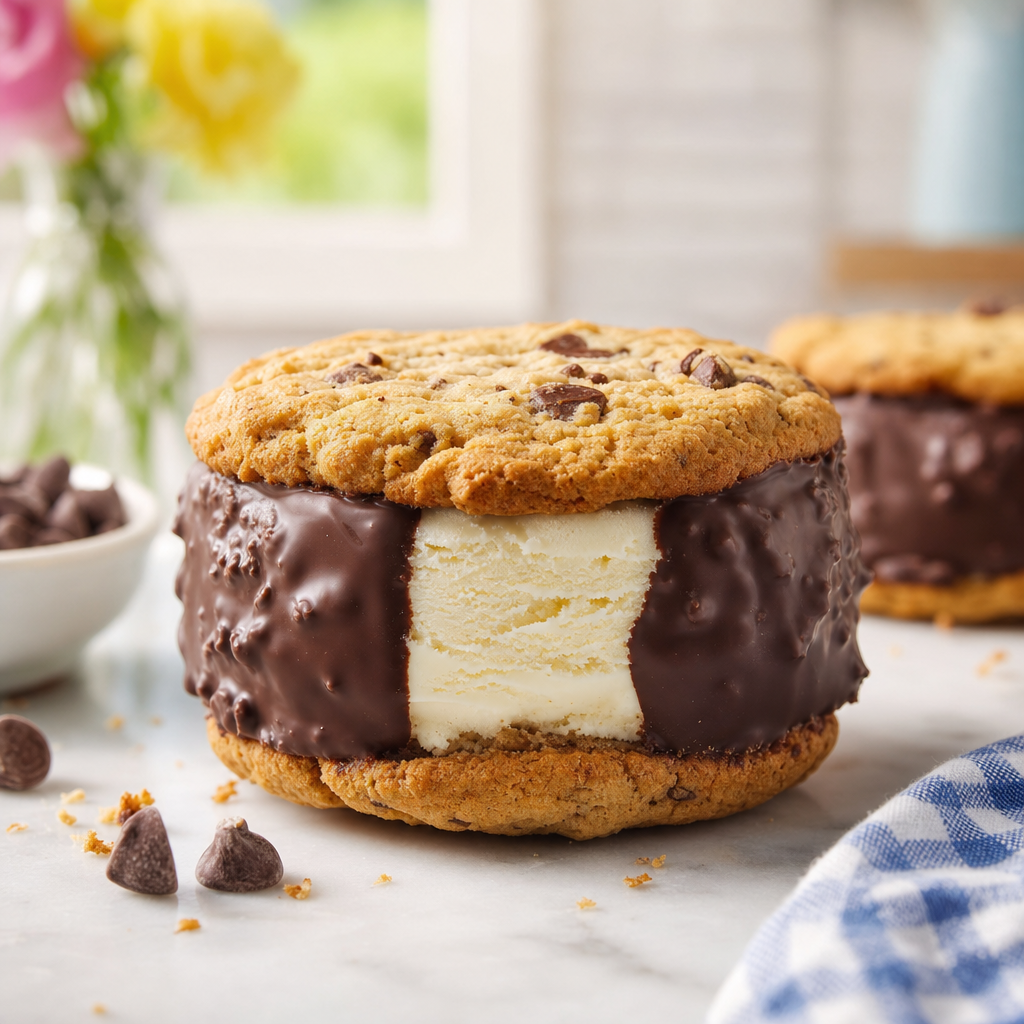 Sandwich helado de galleta y chocolate negro preparada como receta RAIAN