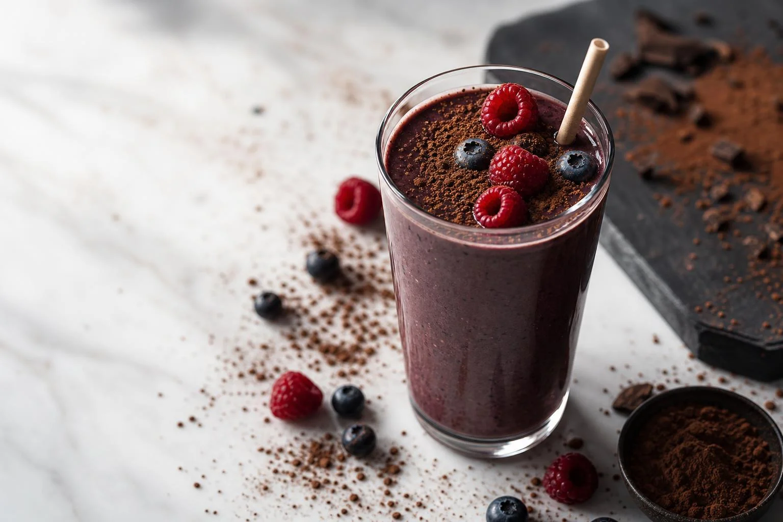 Smoothie de cacao alcalino y frutos rojos preparada como receta RAIAN