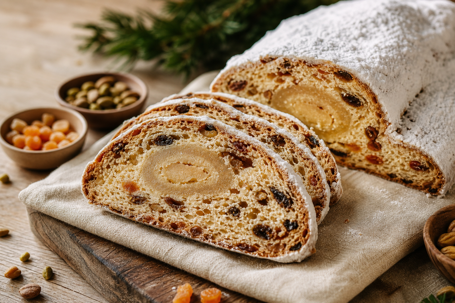 Stollen alemán de frutas y mazapán preparada como receta RAIAN