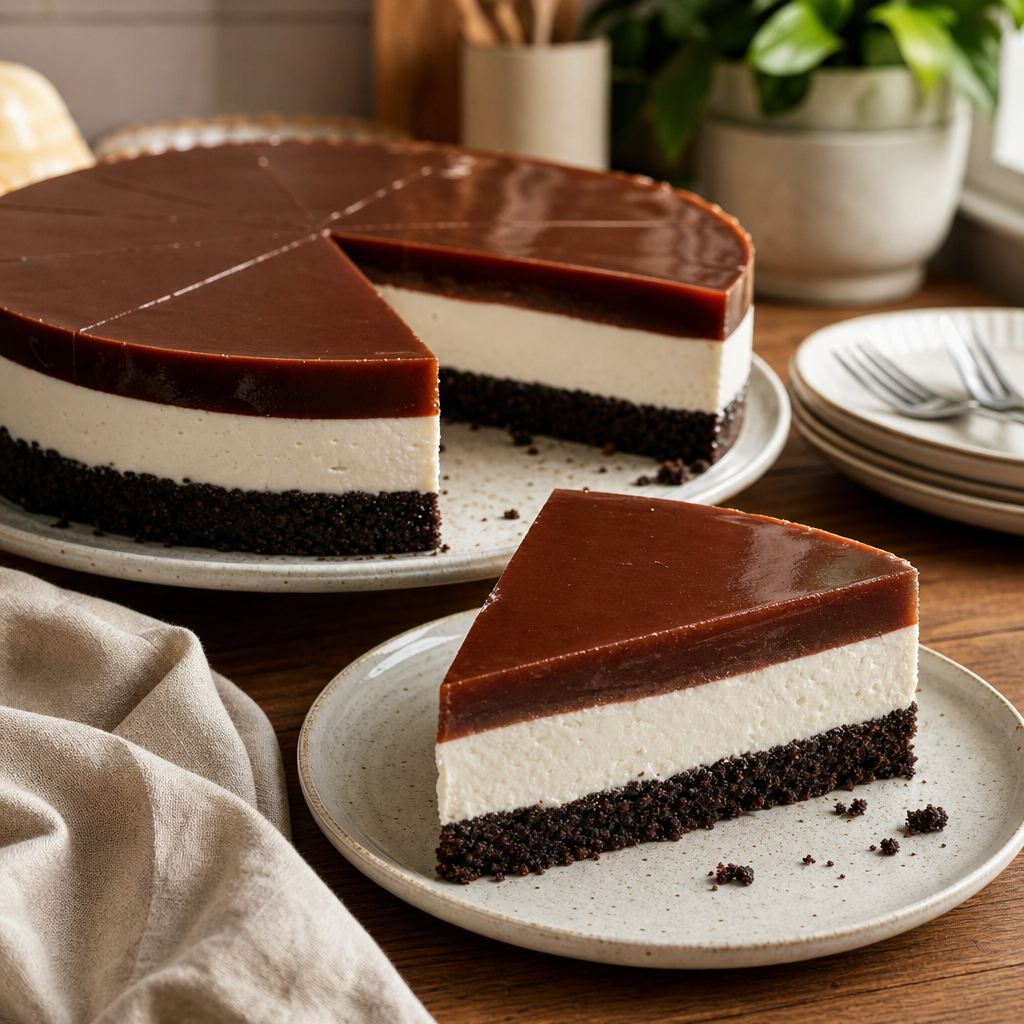 Tarta familiar de galleta, nata y gelatina de cacao preparada como receta RAIAN