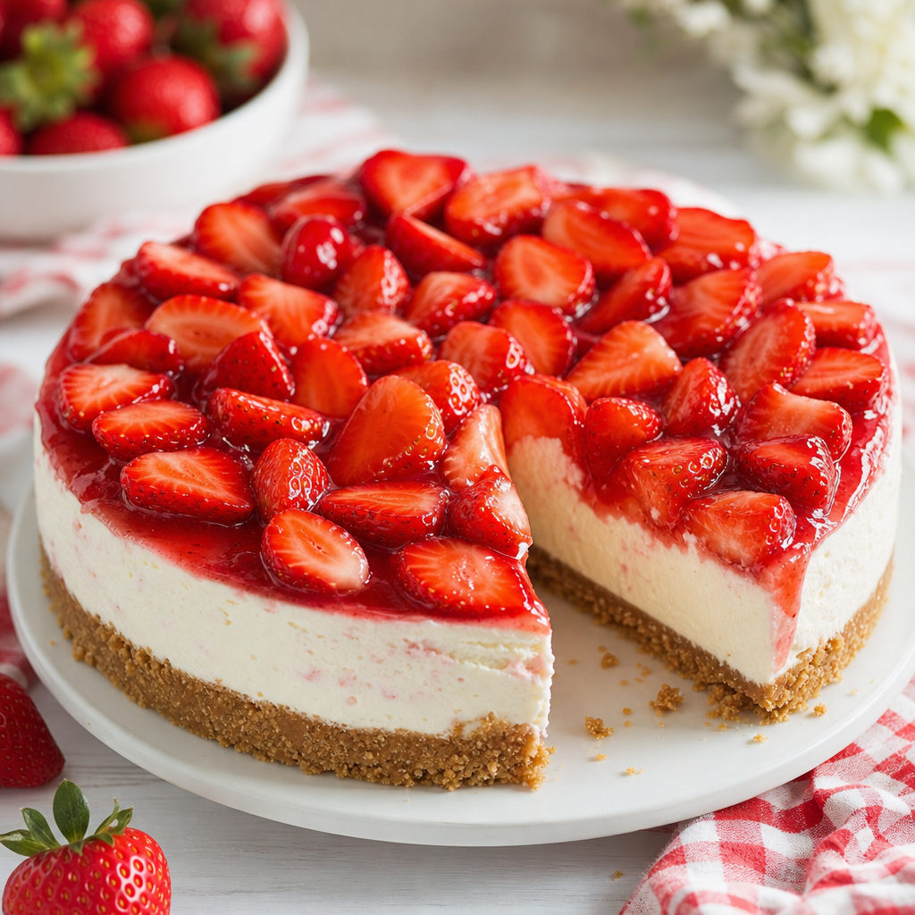 Tarta familiar fría de queso y fresa preparada como receta RAIAN