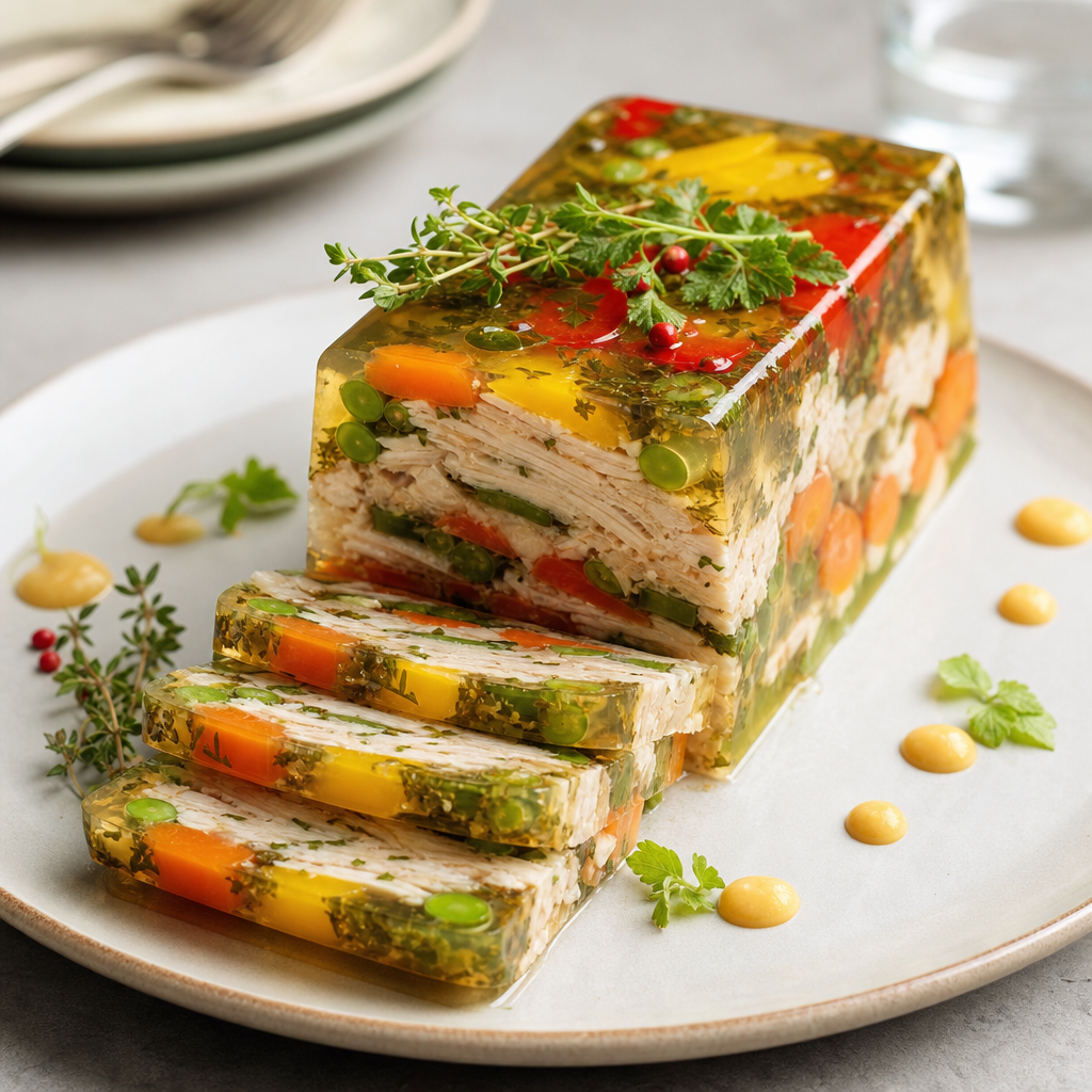 Terrina premium salada de pollo y verduras en gelatina preparada como receta RAIAN