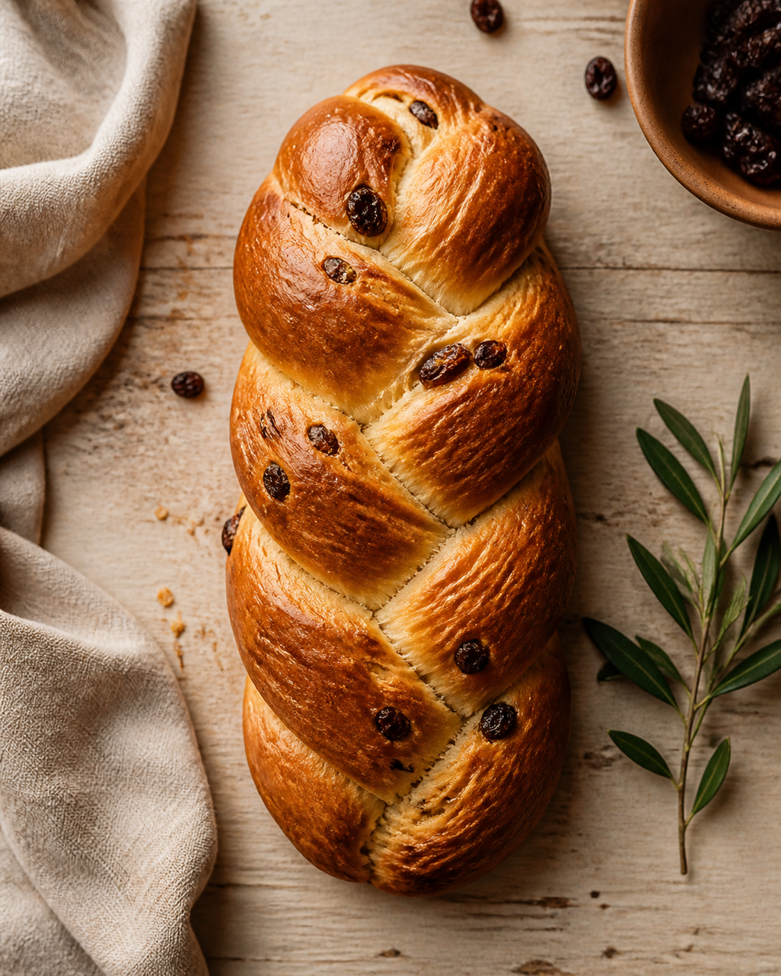 Trenza de pan dulce con pasas preparada como receta RAIAN