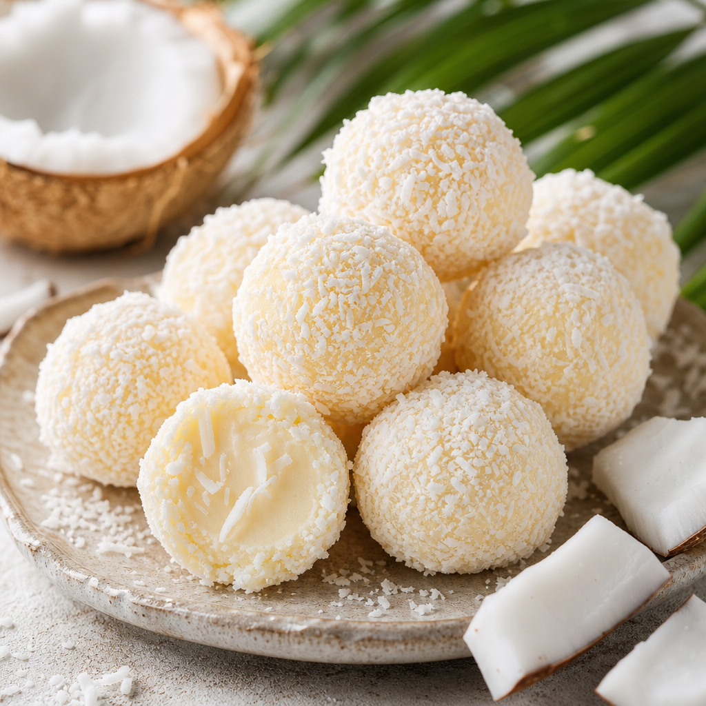 Trufas de chocolate blanco y coco preparada como receta RAIAN