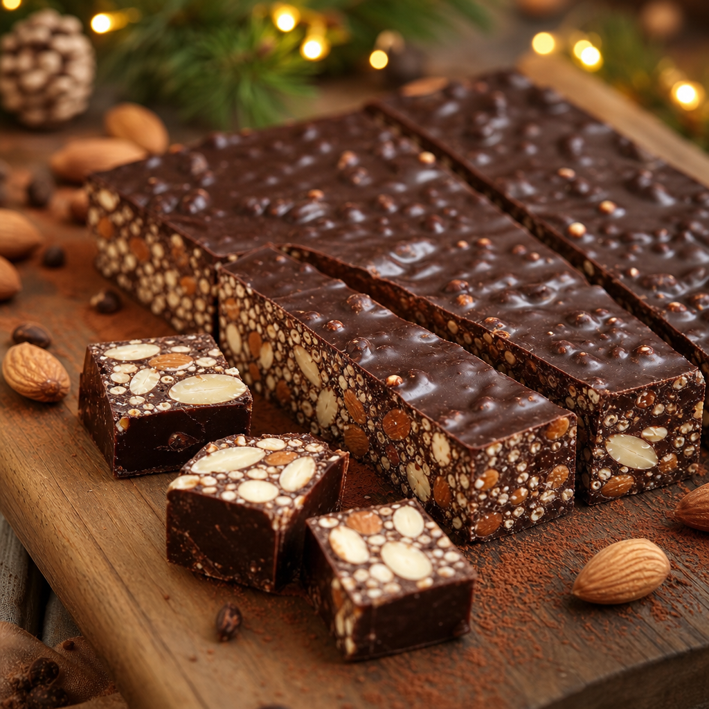 Turrón crujiente de chocolate negro preparada como receta RAIAN