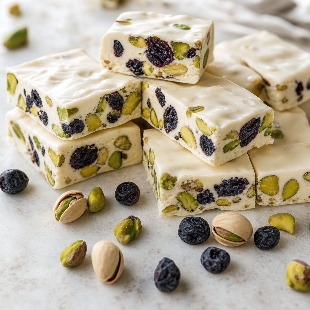 Turrón de chocolate blanco, arándanos y pistacho preparada como receta RAIAN