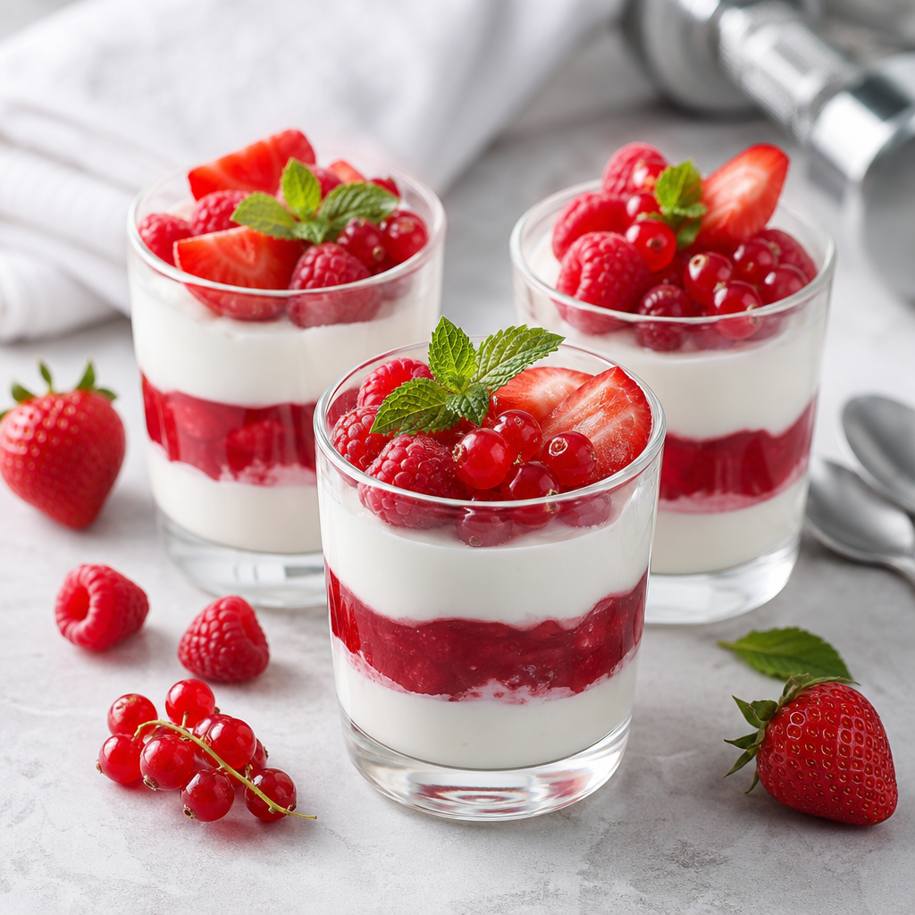 Vasitos de proteína con gelatina porcina y frutos rojos preparada como receta RAIAN