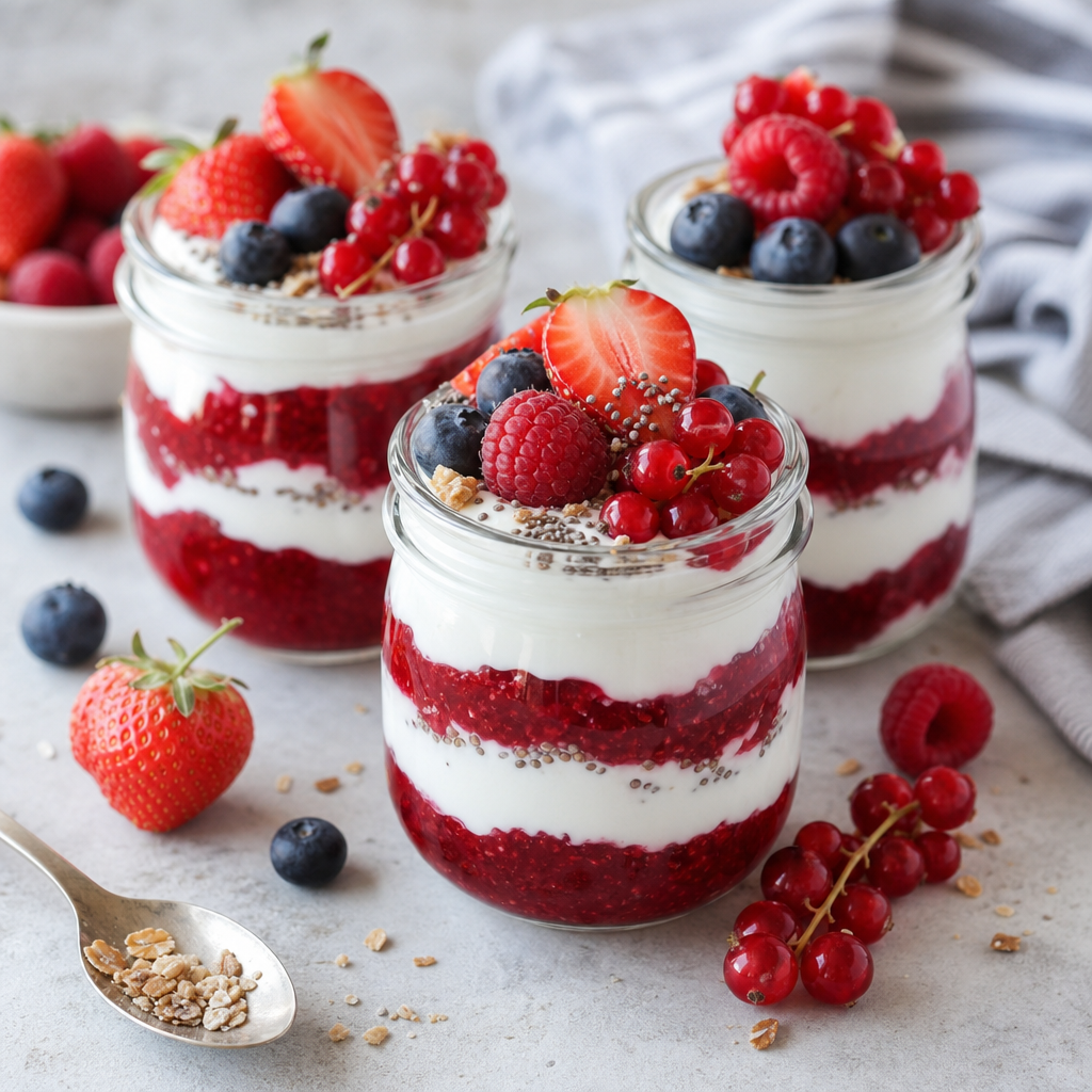 Vasitos fitness de yogur griego, frutos rojos y gelatina bovina preparada como receta RAIAN